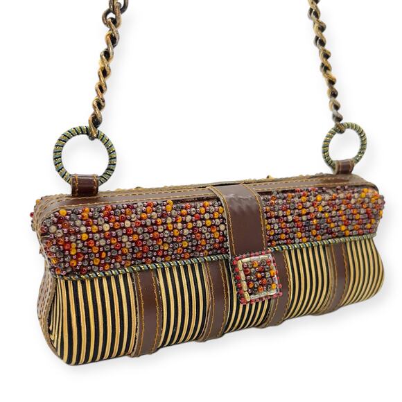 Mary Frances Vintage Beaded Baguette Hard Shell Shoulder Handbag Brown Gold Tan - Picture 2 of 14